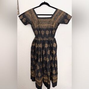 Vintage Anne Fogarty 1950s Dress Metallic Gold Ornate Swing Dress